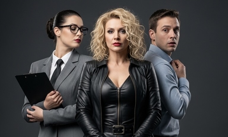 Marcia Voss standing confidently between Rebecca Giles and Dan Robertson in a studio portrait